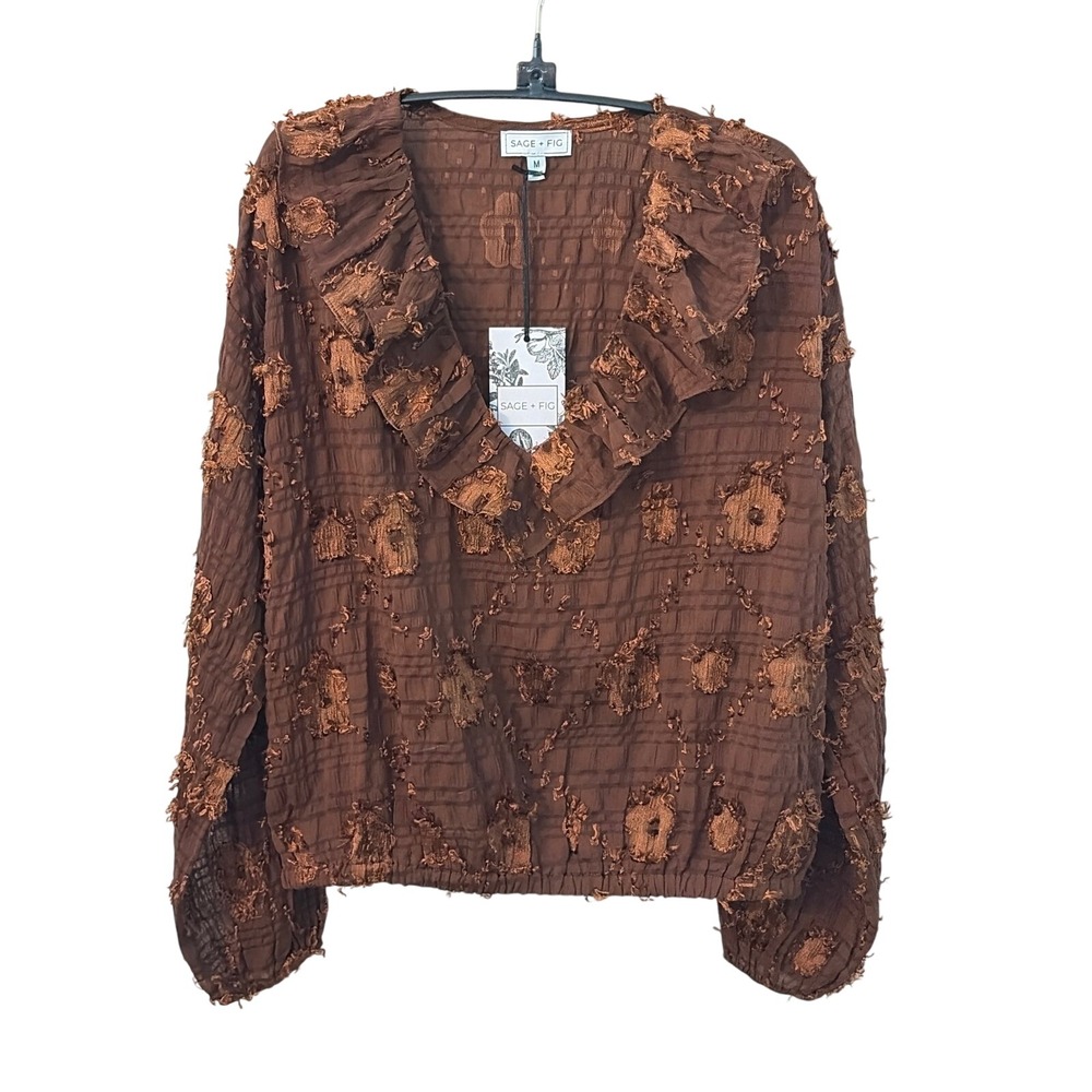 Sage + Fig Bonnie Brown Flower Blouse‎ Ruffle V-Neck Eyelash Floral Top  M
